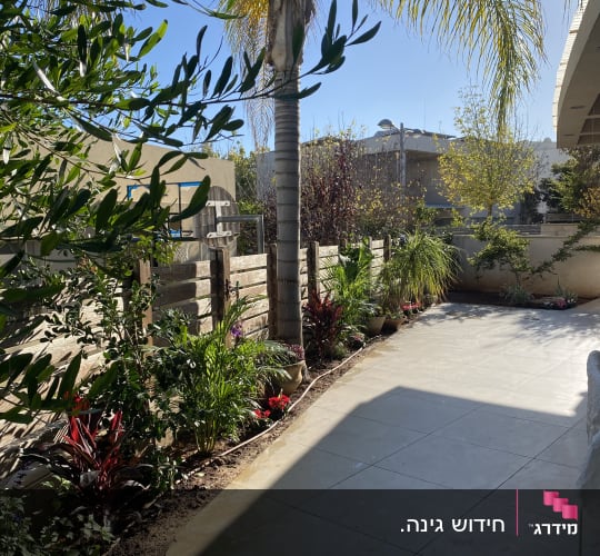 גינה עם צמחים ועצים לאורך שביל מרוצף